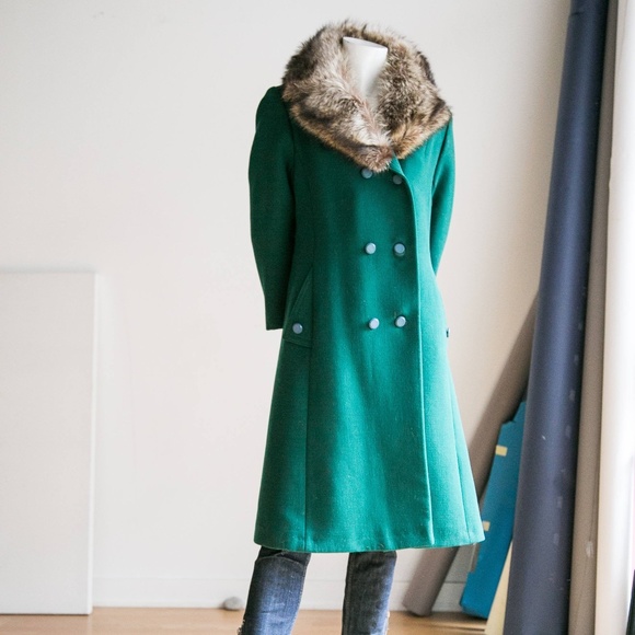 Unbranded | Vintage Jackets & Blazers - Emerald  Green Wool Coat w Fur Collar